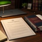 A lawyer's desk with a printed AI ethics opinion, an open state bar manual, a fountain pen, and a banker's lamp.