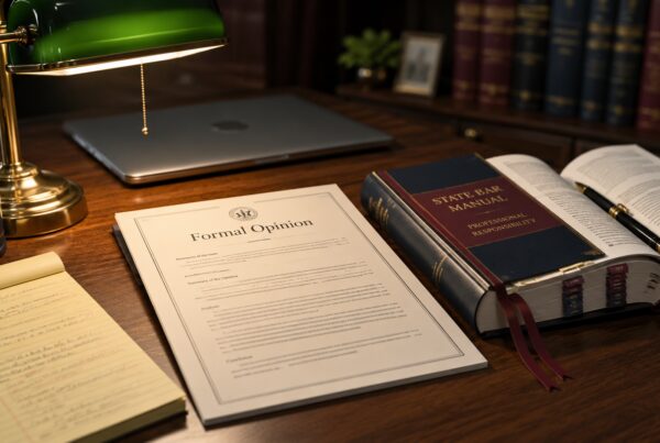 A lawyer's desk with a printed AI ethics opinion, an open state bar manual, a fountain pen, and a banker's lamp.