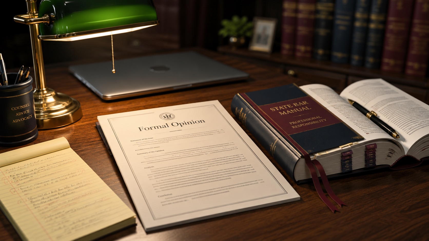 A lawyer's desk with a printed AI ethics opinion, an open state bar manual, a fountain pen, and a banker's lamp.