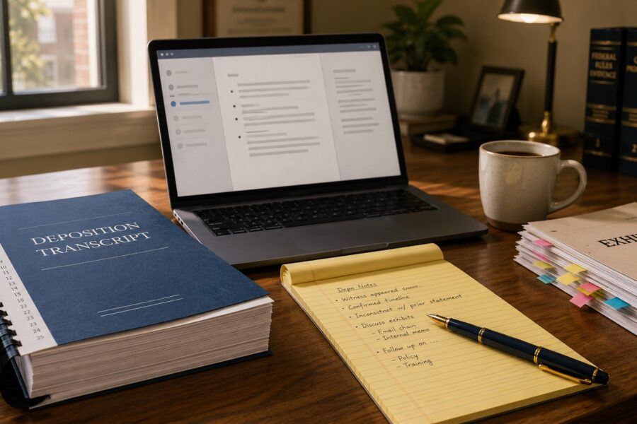 Litigator's desk with a bound deposition transcript, laptop showing a page-line summary view, legal pad, and tabbed exhibits.