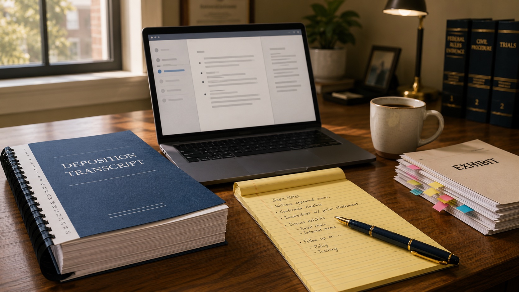 Litigator's desk with a bound deposition transcript, laptop showing a page-line summary view, legal pad, and tabbed exhibits.