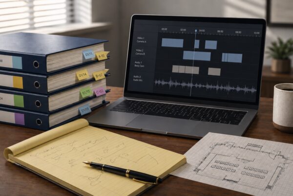 Criminal defense lawyer's desk: discovery binders, a laptop showing a body-cam timeline, legal pad, courtroom sketch.