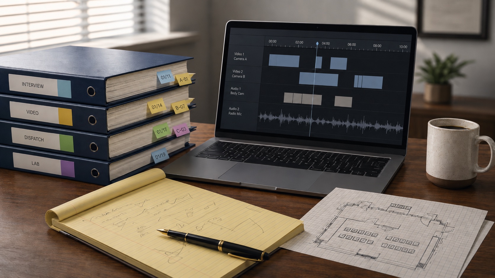 Criminal defense lawyer's desk: discovery binders, a laptop showing a body-cam timeline, legal pad, courtroom sketch.