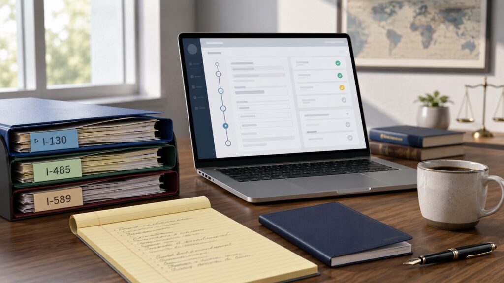 Immigration lawyer's desk: color-coded case files, a laptop showing a case checklist, legal pad, passport booklet, world map.
