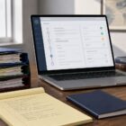 Immigration lawyer's desk: color-coded case files, a laptop showing a case checklist, legal pad, passport booklet, world map.