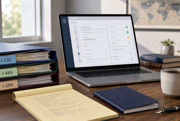 Immigration lawyer's desk: color-coded case files, a laptop showing a case checklist, legal pad, passport booklet, world map.