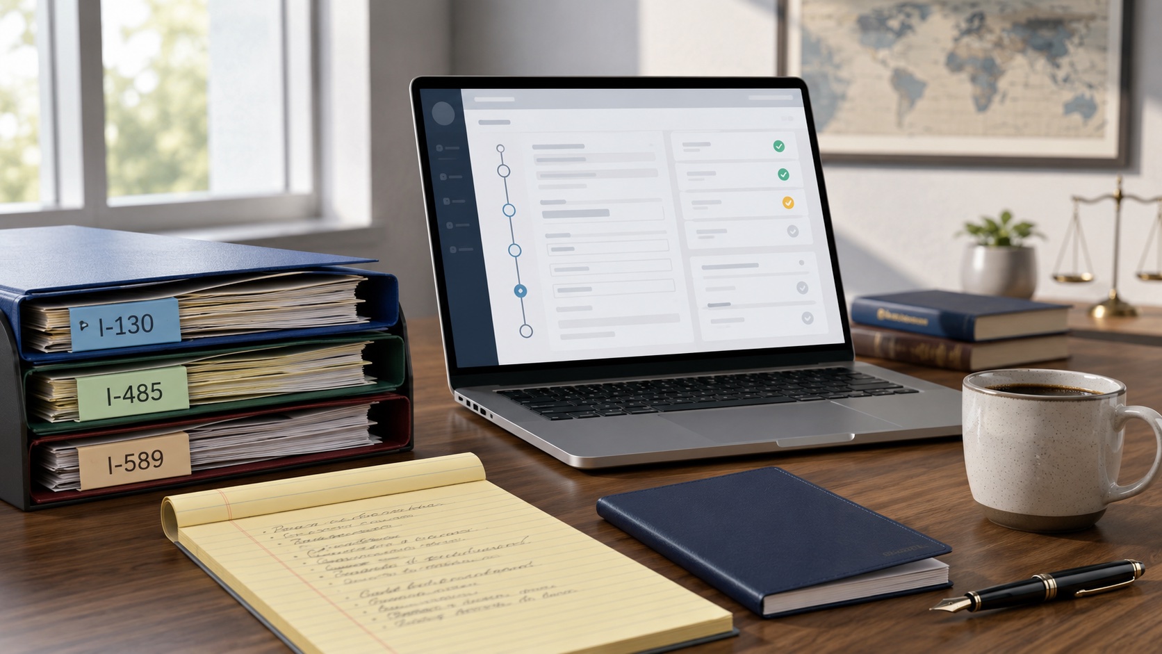 Immigration lawyer's desk: color-coded case files, a laptop showing a case checklist, legal pad, passport booklet, world map.