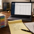 PI attorney's desk with a stack of medical records, laptop showing a treatment chronology view, legal pad, accident sketch.