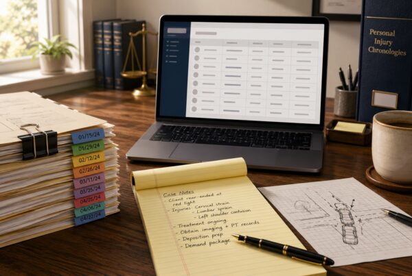 PI attorney's desk with a stack of medical records, laptop showing a treatment chronology view, legal pad, accident sketch.