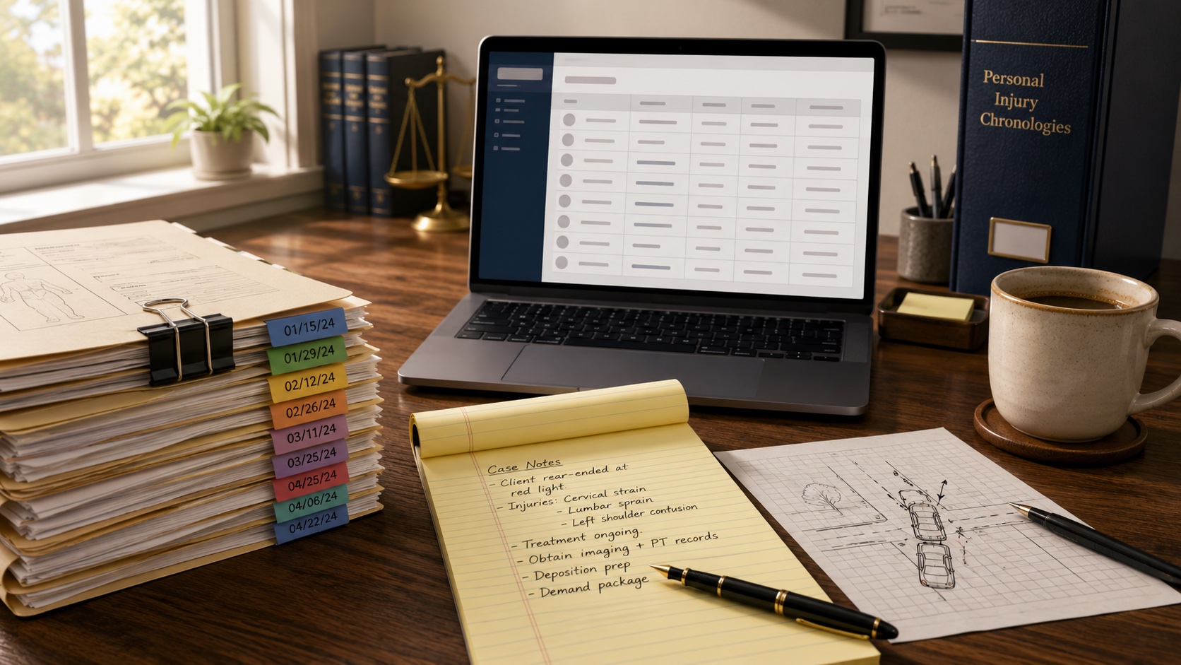 PI attorney's desk with a stack of medical records, laptop showing a treatment chronology view, legal pad, accident sketch.