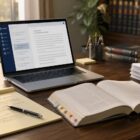 Lawyer's desk with laptop, law book, legal pad, and printed cases, illustrating AI legal research tools.