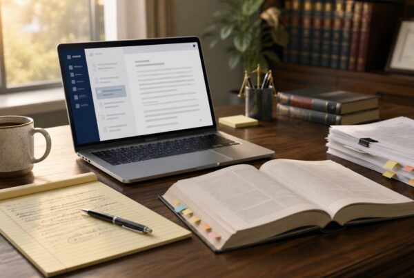 Lawyer's desk with laptop, law book, legal pad, and printed cases, illustrating AI legal research tools.