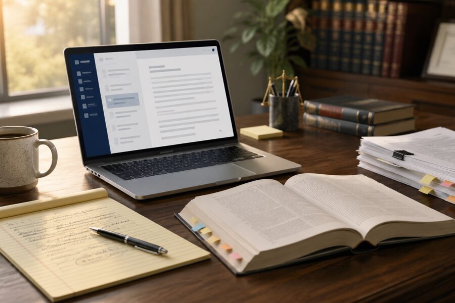 Lawyer's desk with laptop, law book, legal pad, and printed cases, illustrating AI legal research tools.