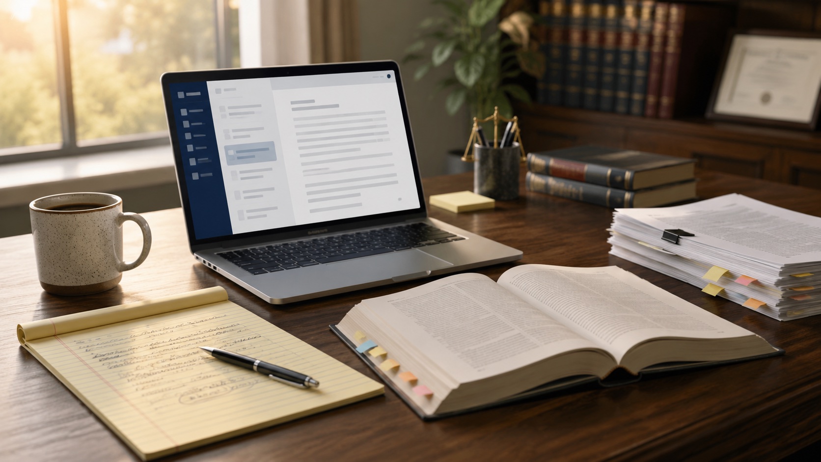 Lawyer's desk with laptop, law book, legal pad, and printed cases, illustrating AI legal research tools.