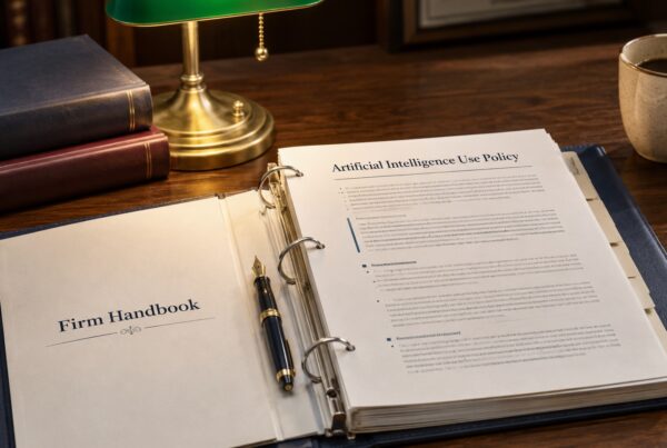 Open firm handbook on a walnut desk showing an AI policy section, with a fountain pen, reference books, and a banker's lamp.
