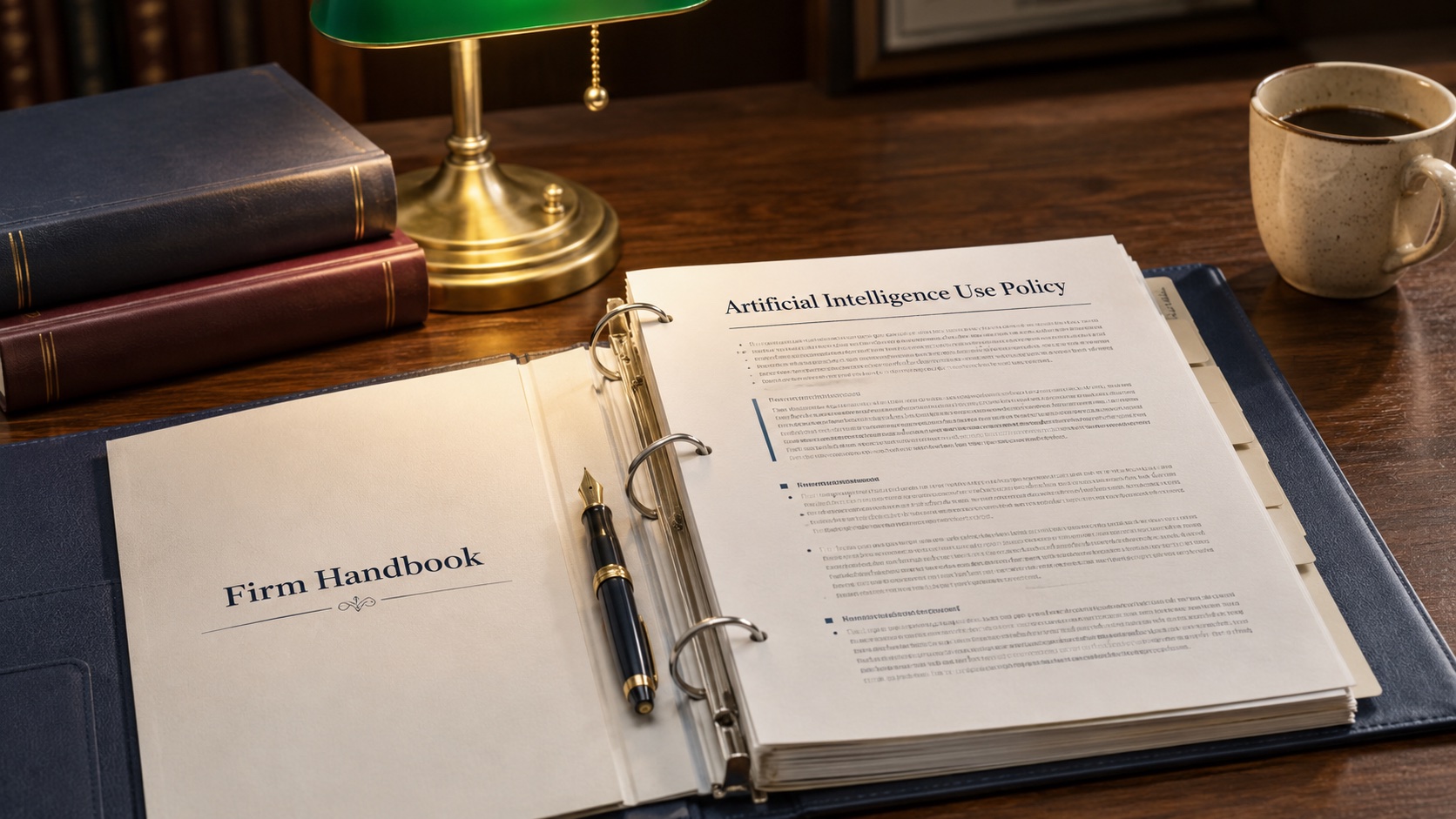 Open firm handbook on a walnut desk showing an AI policy section, with a fountain pen, reference books, and a banker's lamp.