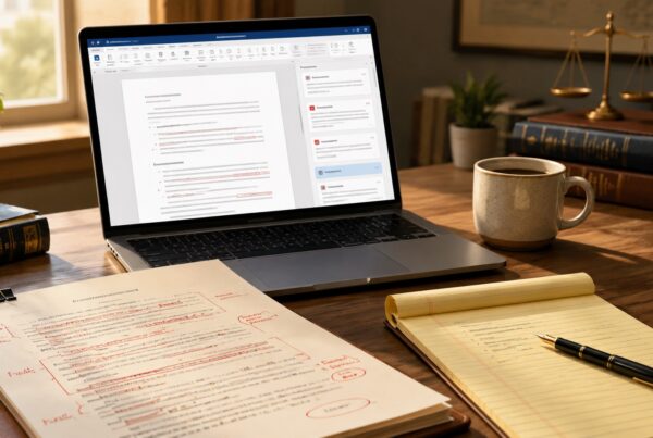 Lawyer's desk with a laptop showing AI-suggested contract redlines beside a printed contract, legal pad, and pen.