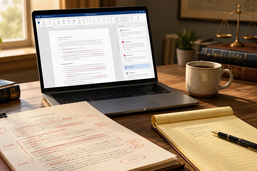Lawyer's desk with a laptop showing AI-suggested contract redlines beside a printed contract, legal pad, and pen.