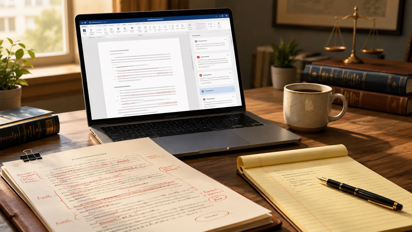 Lawyer's desk with a laptop showing AI-suggested contract redlines beside a printed contract, legal pad, and pen.