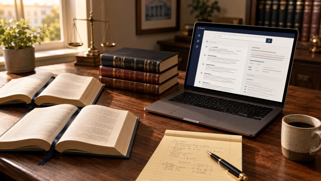 Law firm research desk with laptop showing AI legal research interface, open law books, and a legal pad in warm daylight.