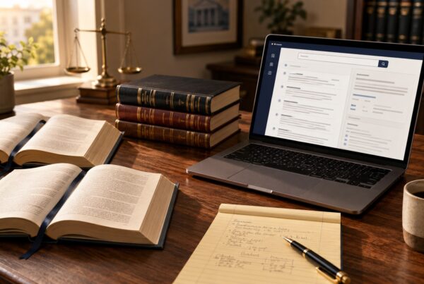 Law firm research desk with laptop showing AI legal research interface, open law books, and a legal pad in warm daylight.