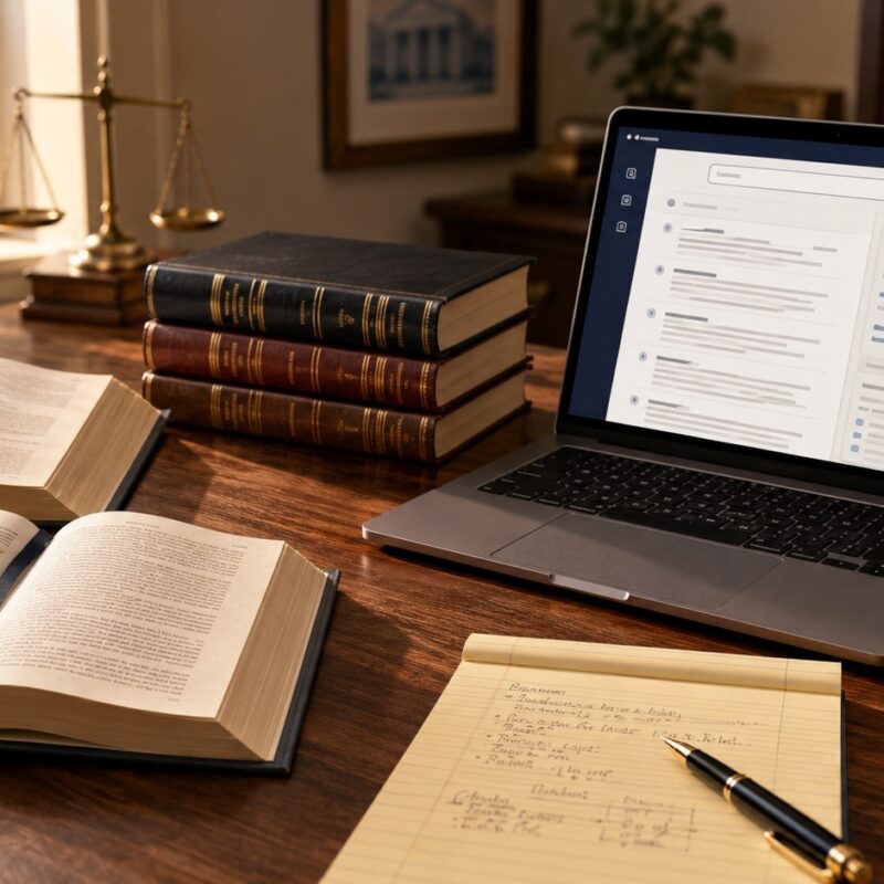 Law firm research desk with laptop showing AI legal research interface, open law books, and a legal pad in warm daylight.