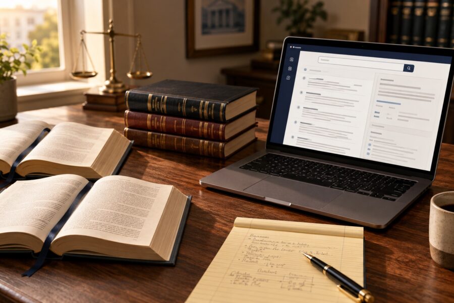 Law firm research desk with laptop showing AI legal research interface, open law books, and a legal pad in warm daylight.