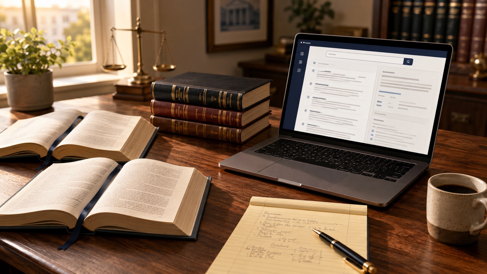 Law firm research desk with laptop showing AI legal research interface, open law books, and a legal pad in warm daylight.