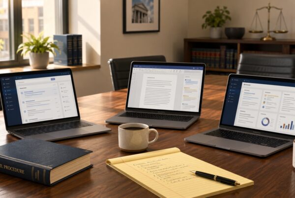Law firm conference table with three laptops showing AI software interfaces, a legal pad, and coffee mugs in warm daylight.