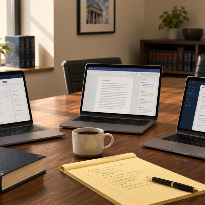 Law firm conference table with three laptops showing AI software interfaces, a legal pad, and coffee mugs in warm daylight.