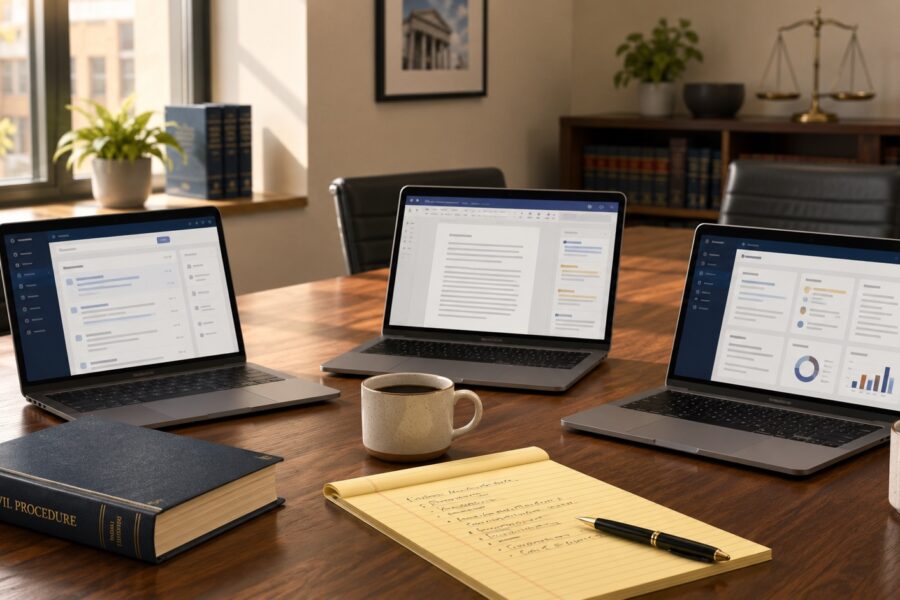 Law firm conference table with three laptops showing AI software interfaces, a legal pad, and coffee mugs in warm daylight.