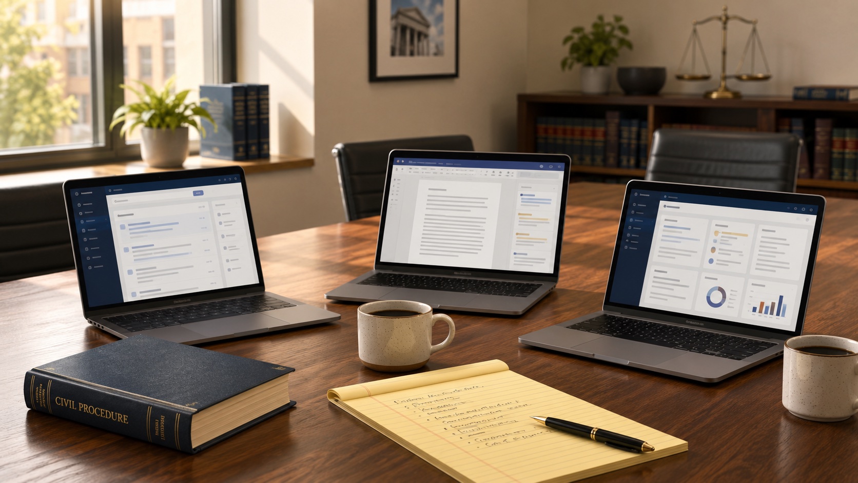 Law firm conference table with three laptops showing AI software interfaces, a legal pad, and coffee mugs in warm daylight.