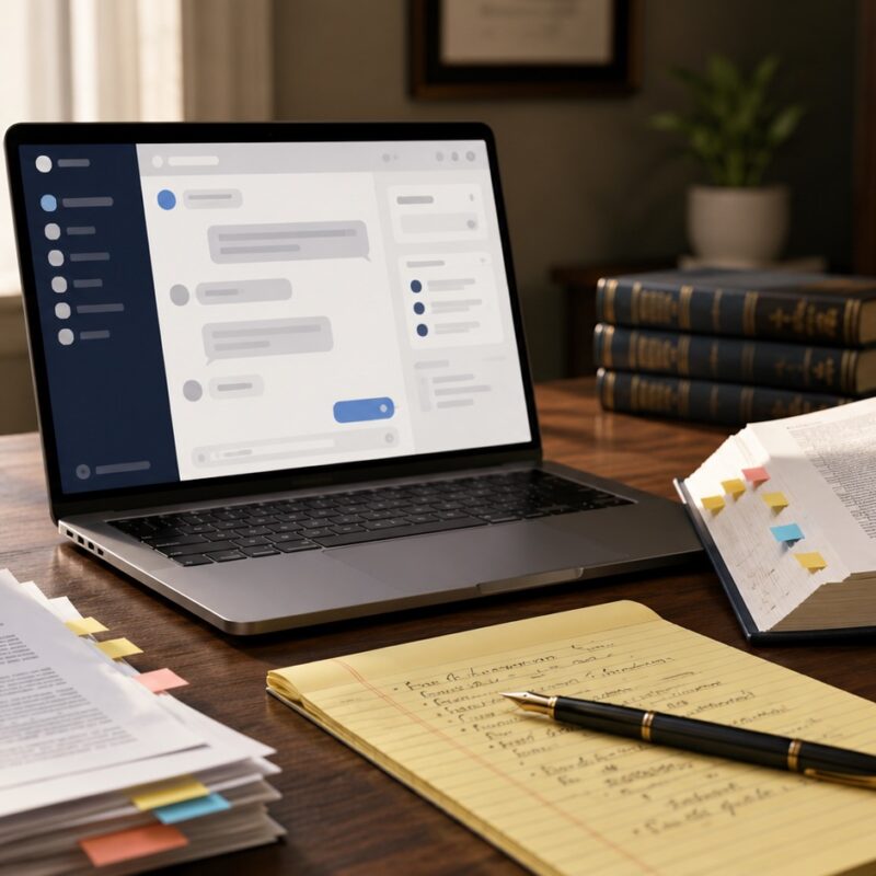 Lawyer's desk with laptop chat window, open law book, legal pad, and printed cases, illustrating ChatGPT for legal research.