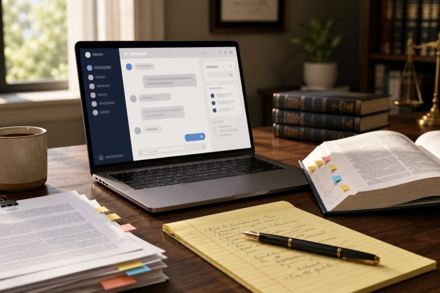 Lawyer's desk with laptop chat window, open law book, legal pad, and printed cases, illustrating ChatGPT for legal research.