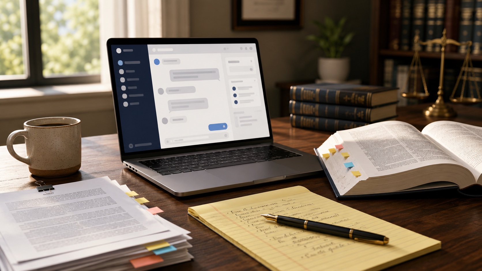 Lawyer's desk with laptop chat window, open law book, legal pad, and printed cases, illustrating ChatGPT for legal research.