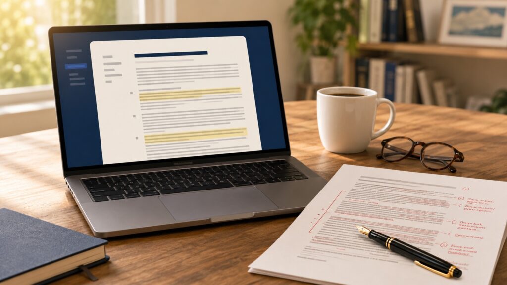 Laptop showing a contract draft next to a printed contract with red-ink redlines and a fountain pen on a wooden desk.