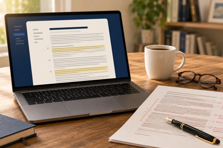 Laptop showing a contract draft next to a printed contract with red-ink redlines and a fountain pen on a wooden desk.