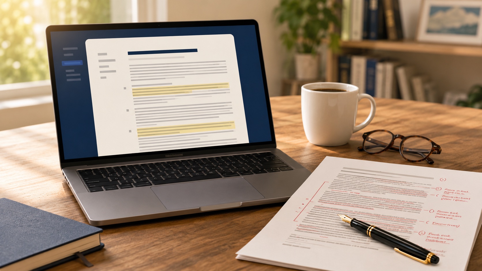 Laptop showing a contract draft next to a printed contract with red-ink redlines and a fountain pen on a wooden desk.