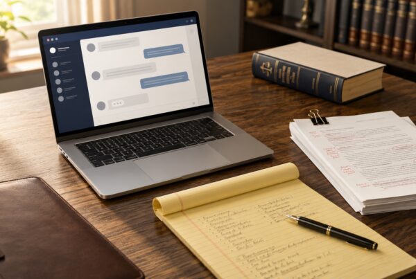 Lawyer's desk with laptop showing a chat interface, legal pad with notes, marked-up printed pages, and a closed law book.