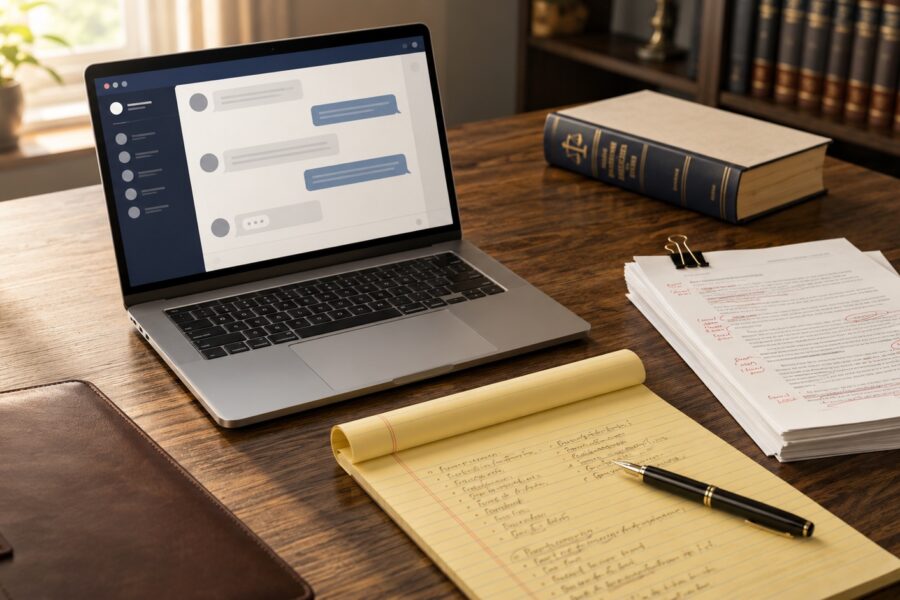Lawyer's desk with laptop showing a chat interface, legal pad with notes, marked-up printed pages, and a closed law book.
