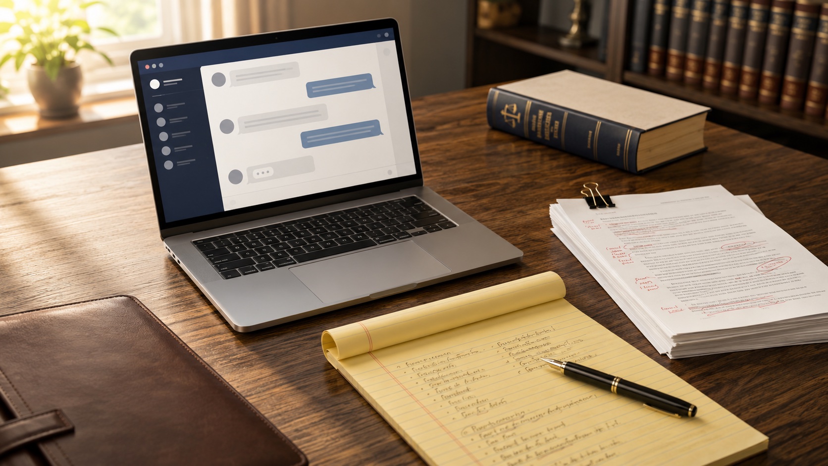 Lawyer's desk with laptop showing a chat interface, legal pad with notes, marked-up printed pages, and a closed law book.