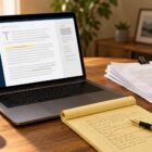 Laptop with a draft document, legal pad with handwritten notes, and red-edited printed pages on a wooden desk.