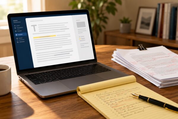 Laptop with a draft document, legal pad with handwritten notes, and red-edited printed pages on a wooden desk.