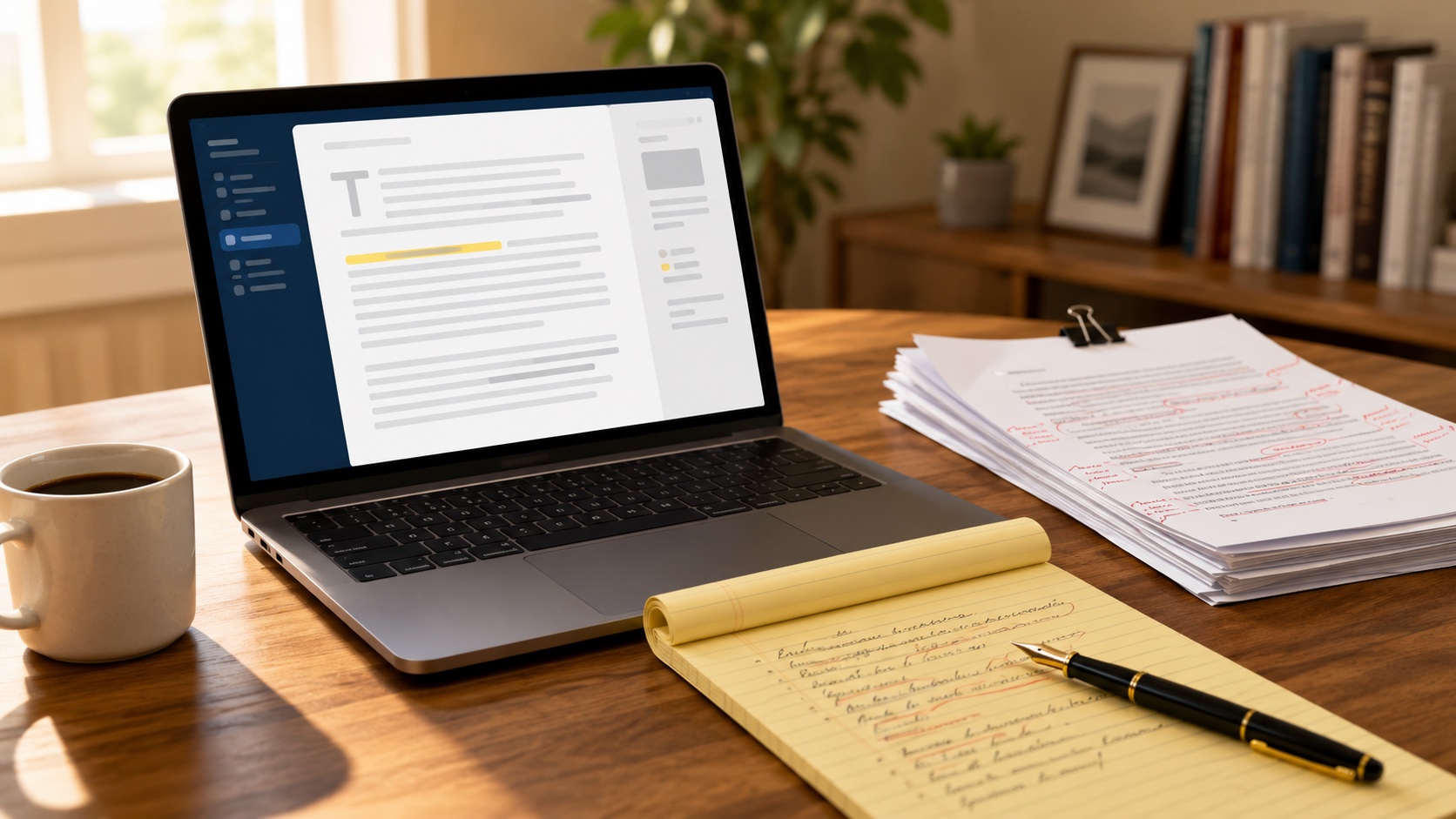 Laptop with a draft document, legal pad with handwritten notes, and red-edited printed pages on a wooden desk.